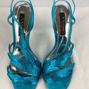 Nina Turquoise Satin Crystal-Embellished Slingback Heels